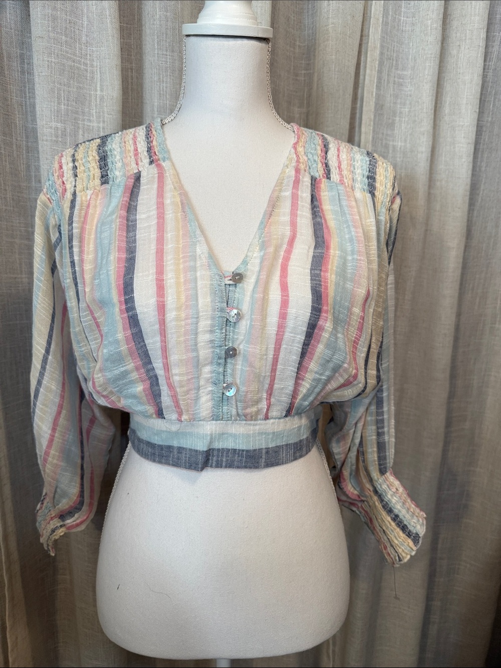 Angie Boho Striped Crop Top | Cottagecore Coastal Gauze Blouse